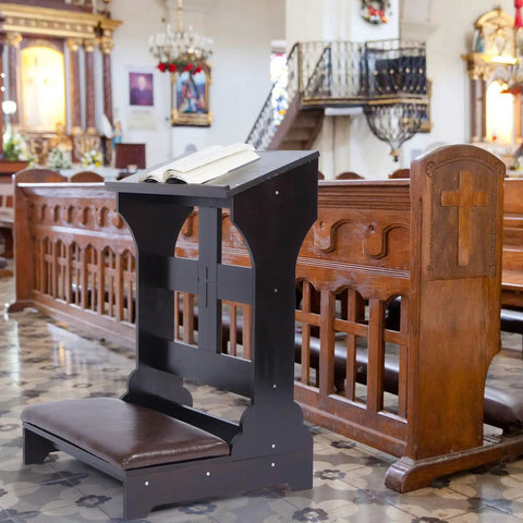 Wooden Prayer Kneeler Bench With Cushion Pad For Home Or Church, Easy Assembly Kneeling Chair With Shelf, Sturdy Pine Wood Praying Stool 23W X 20D X 32H in church setting.