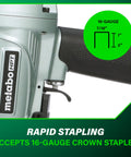 Close-up of Metabo HPT showing 7/16 Inch Standard Crown Stapler for Roofing and Subfloor Installations, 16-gauge, on green background.