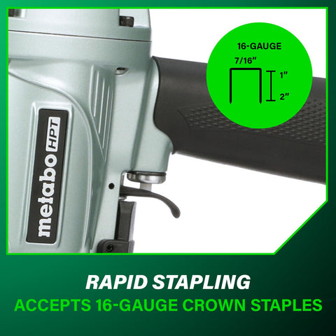 Close-up of Metabo HPT showing 7/16 Inch Standard Crown Stapler for Roofing and Subfloor Installations, 16-gauge, on green background.