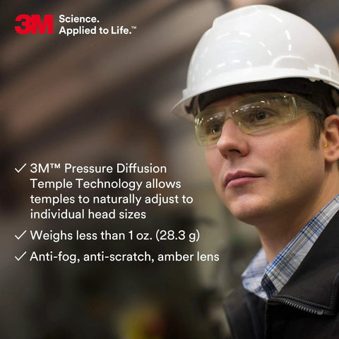 Rugged Safety Glasses Featuring Self Adjusting Flex Temples And Anti Fog Amber Lenses Built Different For Construction Sites And Daily Work Grinds In A Dependable Twenty Pack worn by worker in hard hat.