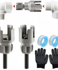 Electric Drill Compatible Pipe Threading Tool Set With 1/2 And 3/4 Inch Dies, includes heavy-duty PVC cutting tools, gloves, and tape.