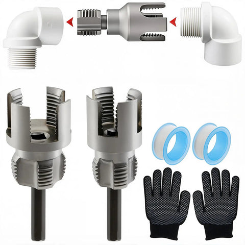 Electric Drill Compatible Pipe Threading Tool Set With 1/2 And 3/4 Inch Dies, includes heavy-duty PVC cutting tools, gloves, and tape.