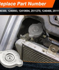 Engine bay showing installed 13 PSI Radiator Cap For Polaris Ranger And RZR Models, Ride Ready Coolant Reservoir Cap, Engine Coolant Pressure Cap For 500 570 700 800 900 1000 Series, Fits Polaris 400 HO And More, Part Numbers 1240300, 1240093, 12410694, 2511270.