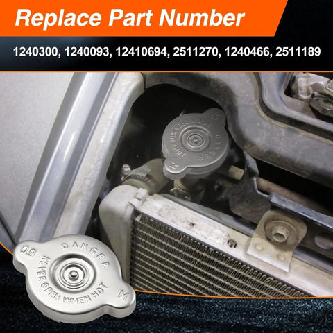 Engine bay showing installed 13 PSI Radiator Cap For Polaris Ranger And RZR Models, Ride Ready Coolant Reservoir Cap, Engine Coolant Pressure Cap For 500 570 700 800 900 1000 Series, Fits Polaris 400 HO And More, Part Numbers 1240300, 1240093, 12410694, 2511270.