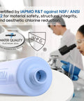 RV Water Filter System 2 Pack For Drinking Water And Outdoor Use certification by IAPMO with NSF/ANSI 42 seal, background lab view