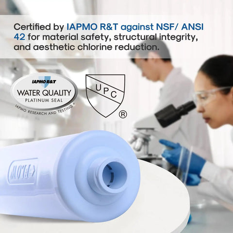 RV Water Filter System 2 Pack For Drinking Water And Outdoor Use certification by IAPMO with NSF/ANSI 42 seal, background lab view