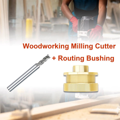 Premium Brass Router Template Guide Set 11 Pcs with drilling cutter and routing bushing, workshop background