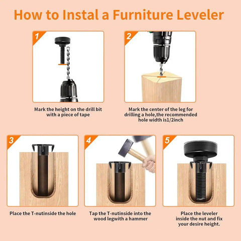 Heavy Duty Furniture Leveling Feet Adjustable Leg Levelers For Tables Chairs Cabinets And Sofas With Beefy Base Black Four Pack Includes T Nut Kit And Three Eighths Inch Thread Built To Last For Easy Install
