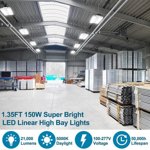 Warehouse interior with LED High Bay Shop Light Two Pack 150W 21000 Lumens 5000K Daylight 100 277V Commercial Linear High Bay Fixture
