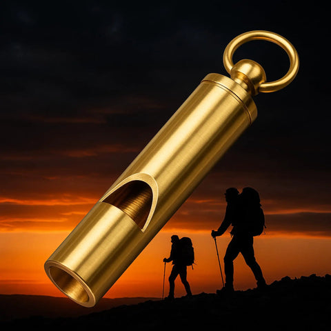 Beefy Two Inch Survival Whistle Delivers 125 Decibels Of Ultra Loud Emergency Alerts One Piece Brass Body With Sunset Hikers