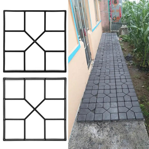 DIY Paver Mold For Garden Paths And Patios Reusable Concrete Stone Design Tool For Quick Easy Paving Of Walkways And Driveways 15.75 Inch Square Pavement Stone Kit showing plastic mold and completed path