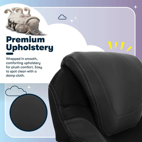 Close-up view of ergonomic office chair with black bonded leather upholstery, featuring premium stitching for all day comfort.
