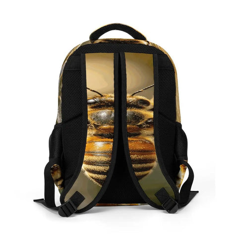 Back view of Striped Furry Bee Printed Unisex Backpack With Large Capacity, Durable Polyester Material, featuring bee design on straps.