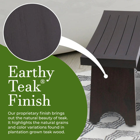 24-Inch Teak Shower Bench With Anti-Slip Flared Legs And Adjustable Foot Pads in earthy finish, close-up on wood grain.