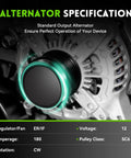 Close-up of 180 Amp Beefed Up Alternator Replacement For 2011-2020 Chrysler 300 With 3.6L V6 highlighted in green