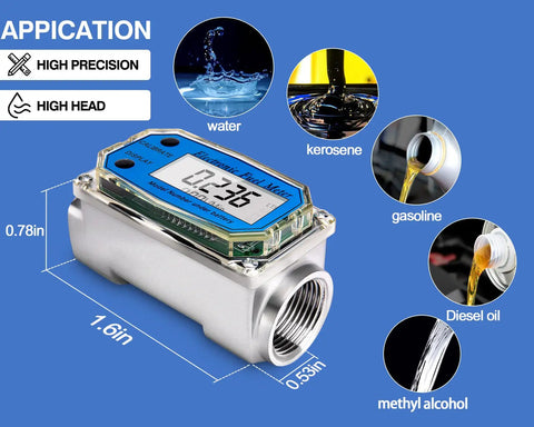 One Inch Turbine Flow Meter For Water Diesel Kerosene Gasoline With LCD Digital Readout, FNPT Inlet Outlet, 2.5-26 GPM / 10-100 LPM