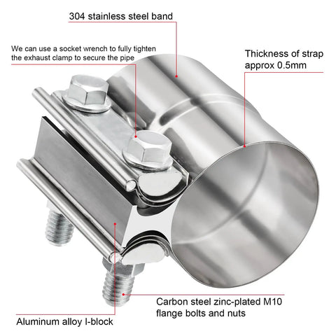 2.25 Inch Stainless Steel Exhaust Clamp Lap Joint Band for 2.25 Inch ID Exhaust Pipe Muffler Clamp Set highlighted components
