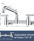 Heavy Duty Wall Mount Kitchen Faucet With Dual Handles In Classic Chrome Featuring An Adjustable Seven To Eight Inch Center And Smooth Three Sixty Swivel Spout, dimensions detailed.