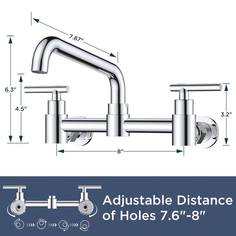 Heavy Duty Wall Mount Kitchen Faucet With Dual Handles In Classic Chrome Featuring An Adjustable Seven To Eight Inch Center And Smooth Three Sixty Swivel Spout, dimensions detailed.