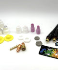 Ceramic TIG Welding Kit with Three Thirty Second Inch Stubby Consumables, tungsten electrodes, gas lens, collets displayed