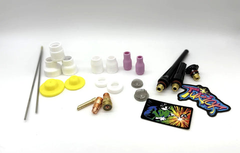 Ceramic TIG Welding Kit with Three Thirty Second Inch Stubby Consumables, tungsten electrodes, gas lens, collets displayed