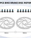 Two 180mm silver bicycle brake rotors with mounting bolts for disc brake setup
