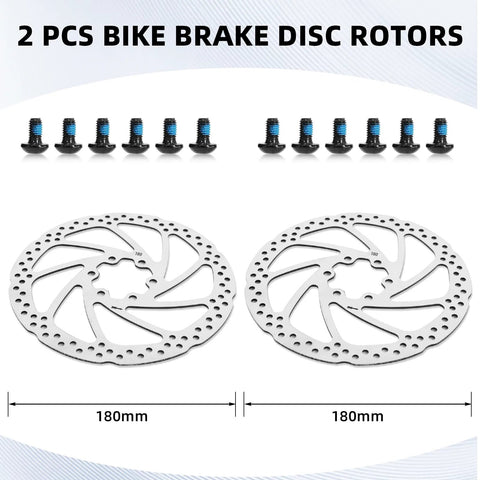 Two 180mm silver bicycle brake rotors with mounting bolts for disc brake setup