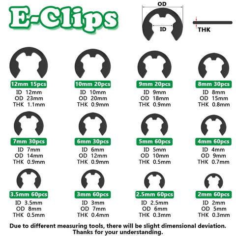E-clips size chart from Must Have Snap Ring Kit 900Pcs E Clips And C Clips Assortment Set 2mm-12mm And 5mm-16mm External Retaining Rings