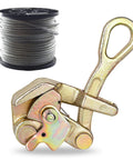 Heavy Duty Cable Grip And Steel Wire Puller Featuring Rock Solid Carbon Steel Jaw for cable tensioning with wire spool in background.