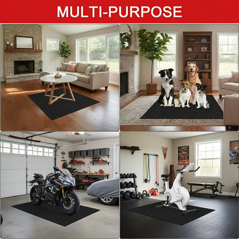 Black oil spill mat for garage floor, heavy-duty absorbent pad to contain oil, grease, and leaks, shown in various rooms and uses.