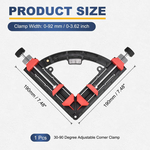 Right Angle Clamp For Woodworking 30 To 90 Degree Adjustable Corner Clamp ABS Plastic Vise Fixture For DIY Projects And Photo Frames Handy Home Improvement Tool 7.48 Inch Jaw Black, product dimensions shown.