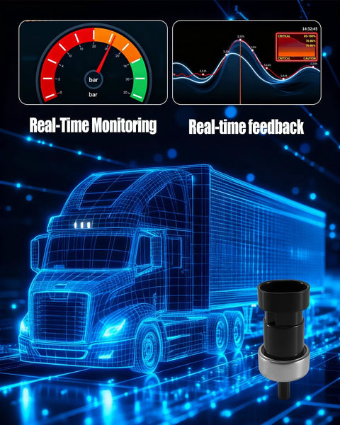 Front view of Vaticas air brake pressure switch; black cylindrical sensor with metal base beside a blue wireframe truck illustration.