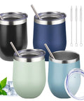 12oz Double Wall Vacuum Insulated Stemless Wine Tumbler With Straw And Lid Stainless Steel Cup in various colors with cleaning brushes.