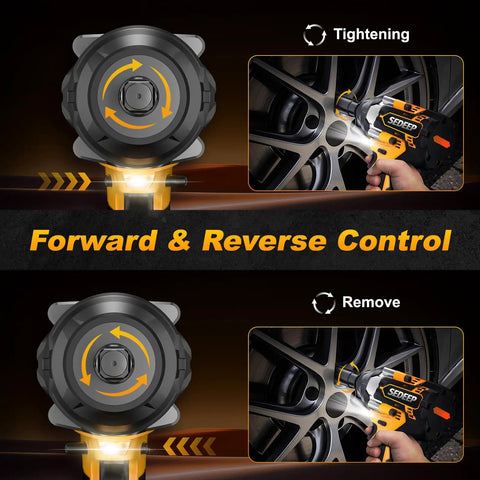 Impact Wrench Half Inch Cordless Beast Torque Gun With 1500 Nm Brushless Power 21V 2x40Ah Batteries Includes 5 Sockets For Car Truck RV Mower Amber Yellow showing forward and reverse control feature with close-up of wheel tightening.