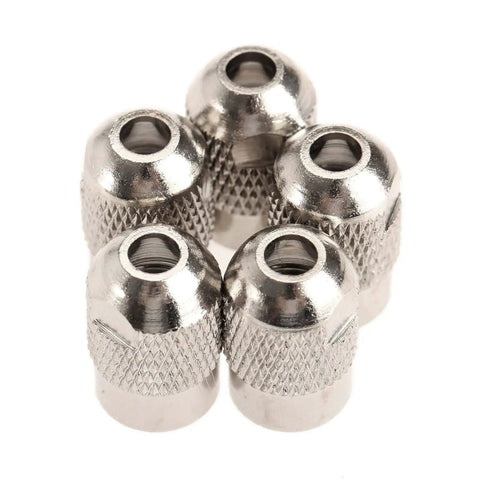Five Piece Copper Flexible Shaft Screw Top Collet Adapter Set For M8 X 0.75 Threads Compatible With Dremel Style Rotary Tools - Close-up of collet caps.