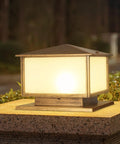 Heavy Duty Outdoor Post Lights With Hardwired E26 Socket And 3000K Warm White Bulbs For Porch Gate Columns Cast Aluminum Fixtures on stone base.