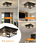 Collage of 2 Pack Rustic Flush Mount Ceiling Light Fixtures with Industrial Metal Cage Design in porch, living room, and bedroom settings.
