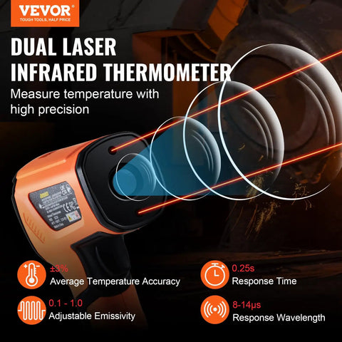 Infrared Thermometer With Dual Laser Non Contact Temperature Gun Handheld IR Heat Temperature Meter Adjustable Emissivity For Metal Smelting Cooking Pizza Oven And Engine Use Range From 40 F To 2732 F Lightning Fast One Quarter Second Readings, orange handheld