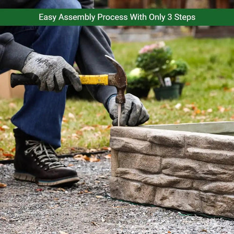 Person assembling raised garden bed kit with ledgestone panels that snap together in 8 by 24 inch natural look stone pattern.