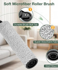 All In One 2 Pack Brush Rollers And 4 Pack HEPA Filters For iFloor 3 And Floor One S3 Cordless Vacuum Cleaner Replacement Parts Set Premium H13 Filtration No Tools Needed Easy Install Fits Right Keeps Your Floors Fresh display of microfiber roller brush with labels for durable brush roll tab, super absorbent fabric, and well fitted slot in living room setting.