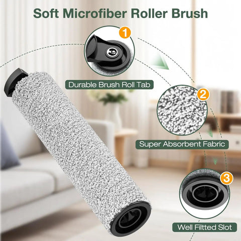 All In One 2 Pack Brush Rollers And 4 Pack HEPA Filters For iFloor 3 And Floor One S3 Cordless Vacuum Cleaner Replacement Parts Set Premium H13 Filtration No Tools Needed Easy Install Fits Right Keeps Your Floors Fresh display of microfiber roller brush with labels for durable brush roll tab, super absorbent fabric, and well fitted slot in living room setting.