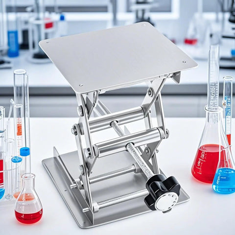 Stainless steel lab jack scissor stand with 4x4 in lifting platform; manual control with black hand wheel, adjustable 50–150 mm