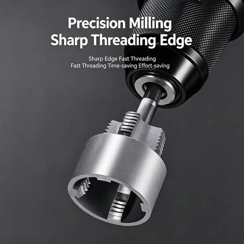 Close-up of a Heavy Duty Electric Drill Compatible Pipe Threader For PVC featuring sharp threading edge and precision milling.