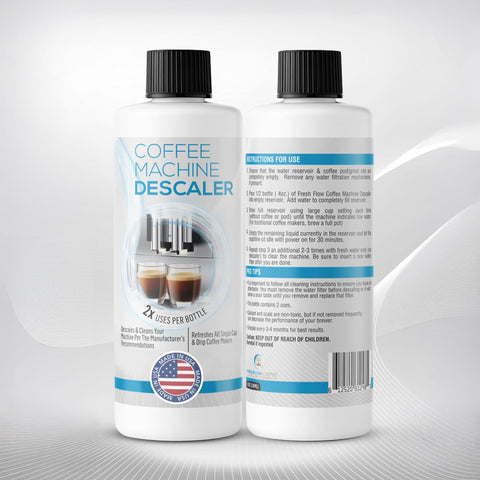 Front and back of Pro Grade Descaler For Coffee And Espresso Makers 2 Bottle Pack 4 Uses Keeps Your Brews Great Universal Compatibility With Keurig Breville Nespresso Delonghi And All Single Serve Or Drip Machines