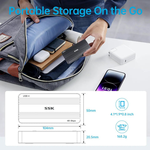 Hella Fast USB4 NVMe Enclosure For M.2 SSD Drives shown being taken from a backpack, compact and portable for on-the-go use.