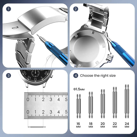 Watch Repair Tool Kit For Battery Replacement, Strap Adjustment, Link Pin Remover, Case Back Opener And Pry Knife With Hammer And Spring Bar Tools, Pro Grade All In One Set For Quick On The Go Repairs images showing tools in use.