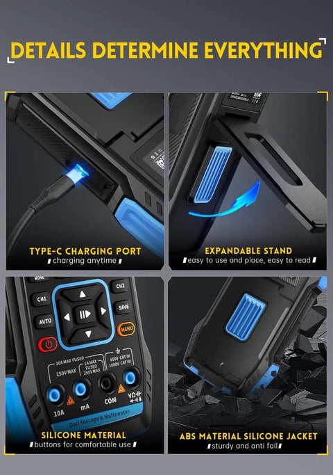 Four images showing details of Three In One Oscilloscope Multimeter And DDS Signal Generator Handheld Tool, including Type-C port and stand.