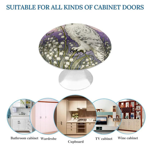 Snowy Owl Lily Valley 1.1 Inch Cabinet Knobs Set Of 2 Stainless Steel Aluminum Alloy with owl design, suitable for all cabinet doors.