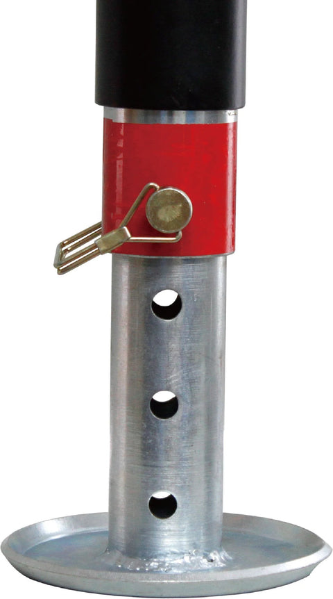Libra 3500lbs electric power trailer jack with red housing and silver shaft, round base plate (close-up)