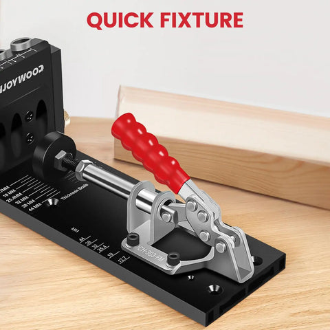 Pro Grade Pocket Hole Jig System With Portable Base Adjustable Metal Pocket Screw Jig And Top Notch Professional Drill Guide Kit for DIY projects, close view of quick fixture feature.